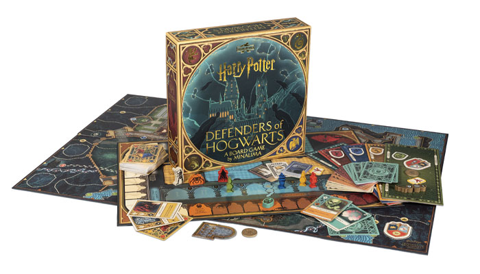 Defenders of Hogwarts game box with its illustrated board, cards, pawns and tokens